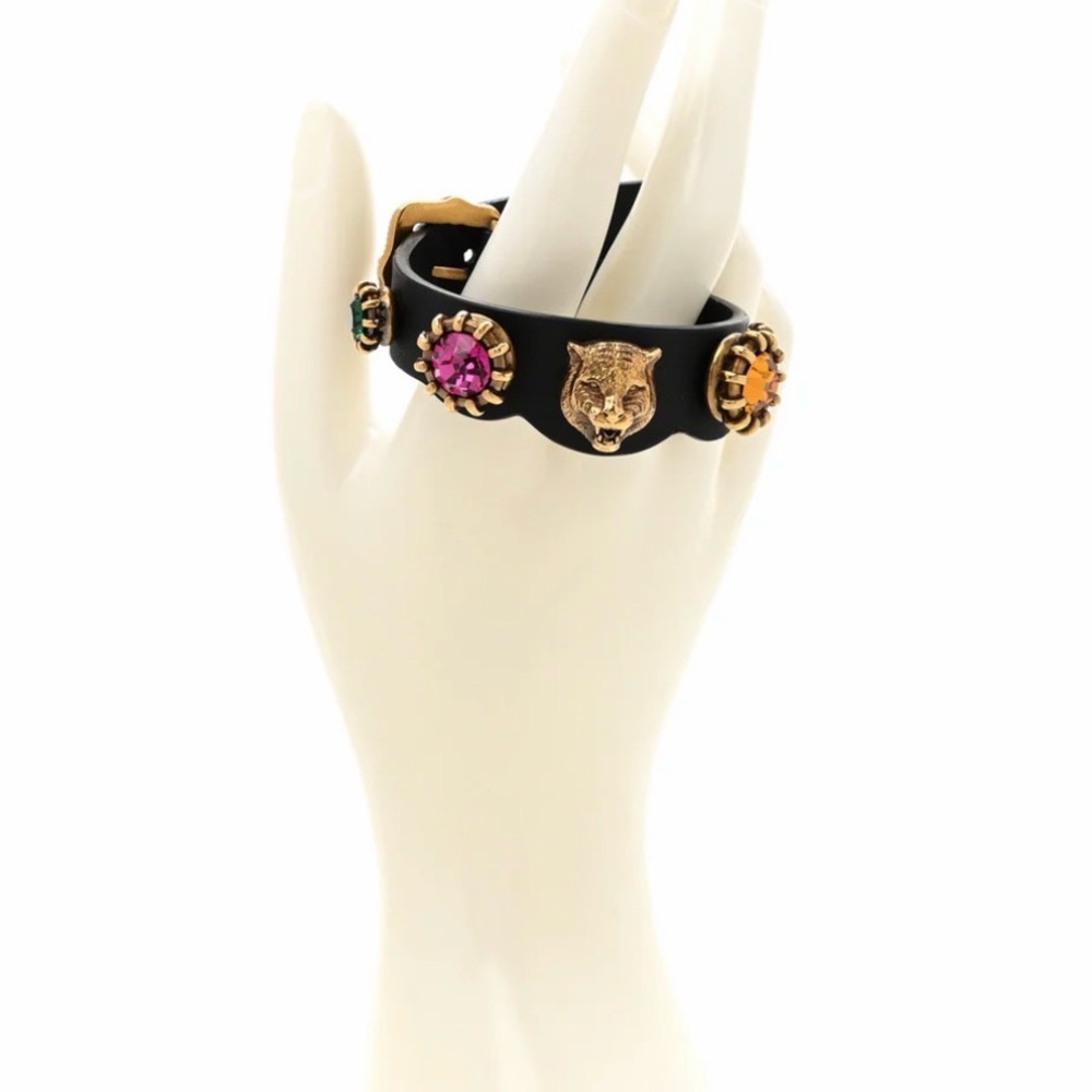 Gucci Calfskin Crystal Feline Heads Bracelet Black - Picture 2 of 8